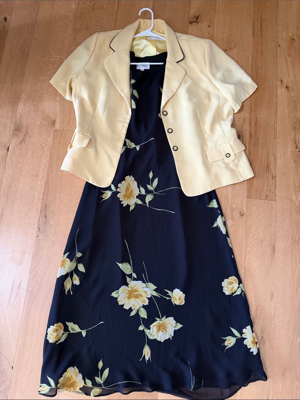 Studio I Black Maxi Dress with Yellow Floral Print and Pale Yellow Jacket
